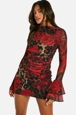 Skater Dresses|Mini Dresses*boohoo Slash Neck Mixed Print Flare Sleeve Mini Dress leopard