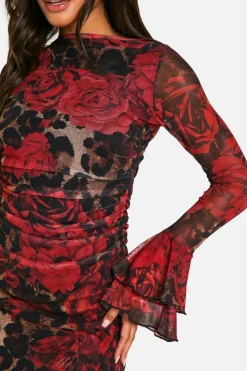 Skater Dresses|Mini Dresses*boohoo Slash Neck Mixed Print Flare Sleeve Mini Dress leopard