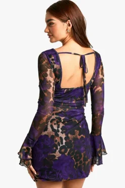 Skater Dresses|Mini Dresses*boohoo Slash Neck Mixed Leopard Print Flare Sleeve Mini Dress brown