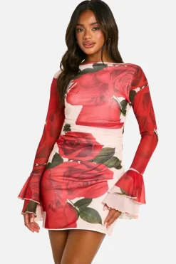 Skater Dresses*boohoo Slash Neck Rose Mesh Print Flare Sleeve Mini Dress red