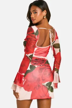Skater Dresses*boohoo Slash Neck Rose Mesh Print Flare Sleeve Mini Dress red