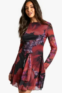 Skater Dresses|Mini Dresses*boohoo Slash Neck Scoop Back Godet Hem Floral Mesh Dress red