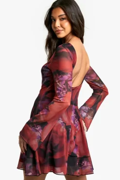 Skater Dresses|Mini Dresses*boohoo Slash Neck Scoop Back Godet Hem Floral Mesh Dress red