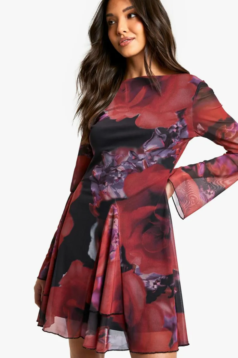 Skater Dresses|Mini Dresses*boohoo Slash Neck Scoop Back Godet Hem Floral Mesh Dress red