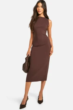 Midi Dresses*boohoo Slash Neck Tailored Midi Dress chocolate