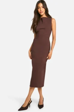 Midi Dresses*boohoo Slash Neck Tailored Midi Dress chocolate