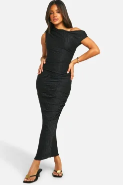 Bodycon Dresses*boohoo Slash Neck Textured Rib Midaxi Dress black