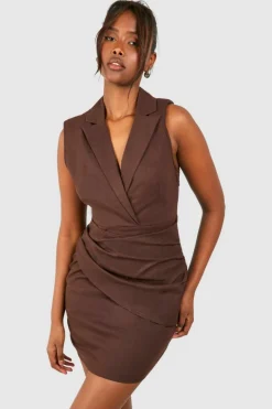Blazer Dresses*boohoo Sleeveless Drape Detail Blazer Dress chocolate