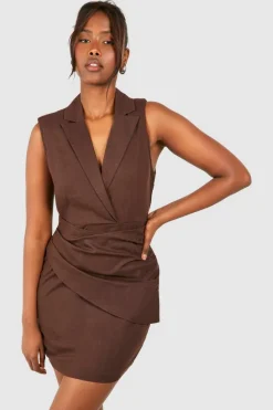 Blazer Dresses*boohoo Sleeveless Drape Detail Blazer Dress chocolate