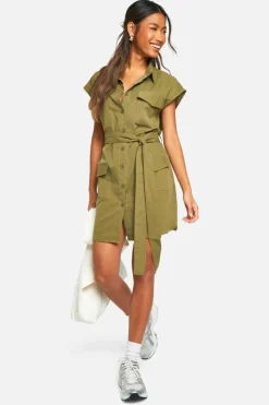 Shirt Dresses*boohoo Sleeveless Utility Shirt Dress khaki