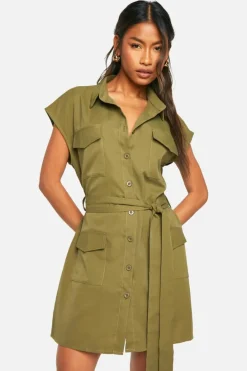 Shirt Dresses*boohoo Sleeveless Utility Shirt Dress khaki