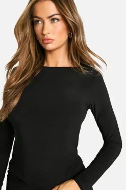 Long Sleeve Tops|Boohoo Basics*boohoo Slinky Boat Neck Long Sleeve Top black