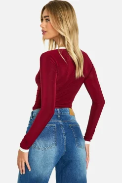 Long Sleeve Tops*boohoo Slinky Contrast Binding Long Sleeve Top berry