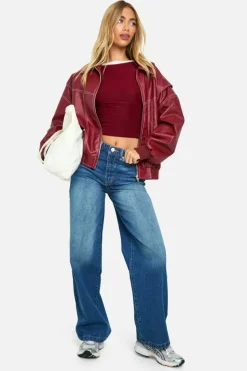 Long Sleeve Tops*boohoo Slinky Contrast Binding Long Sleeve Top berry