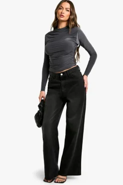 Long Sleeve Tops*boohoo Slinky Extreme Ruched Long Sleeve Top charcoal