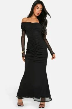 Bodycon Dresses|Maxi Dresses*boohoo Slinky Mesh Detail Off Shoulder Maxi Dress black