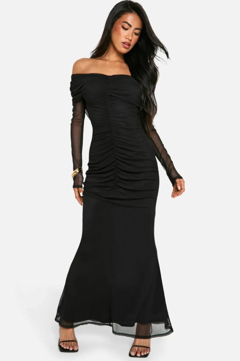 Bodycon Dresses|Maxi Dresses*boohoo Slinky Mesh Detail Off Shoulder Maxi Dress black