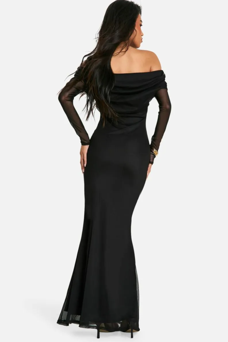 Bodycon Dresses|Maxi Dresses*boohoo Slinky Mesh Detail Off Shoulder Maxi Dress black