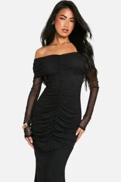 Bodycon Dresses|Maxi Dresses*boohoo Slinky Mesh Detail Off Shoulder Maxi Dress black