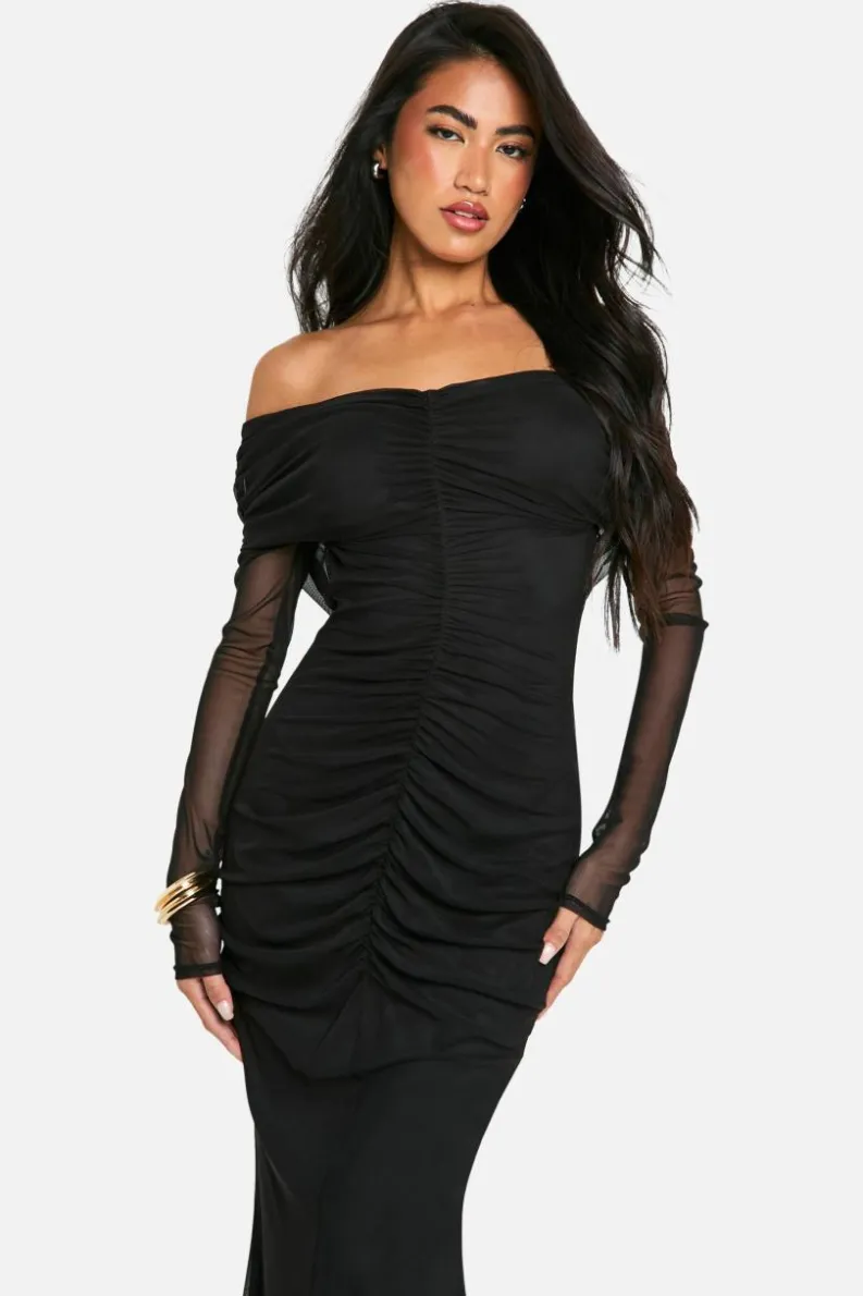 Bodycon Dresses|Maxi Dresses*boohoo Slinky Mesh Detail Off Shoulder Maxi Dress black