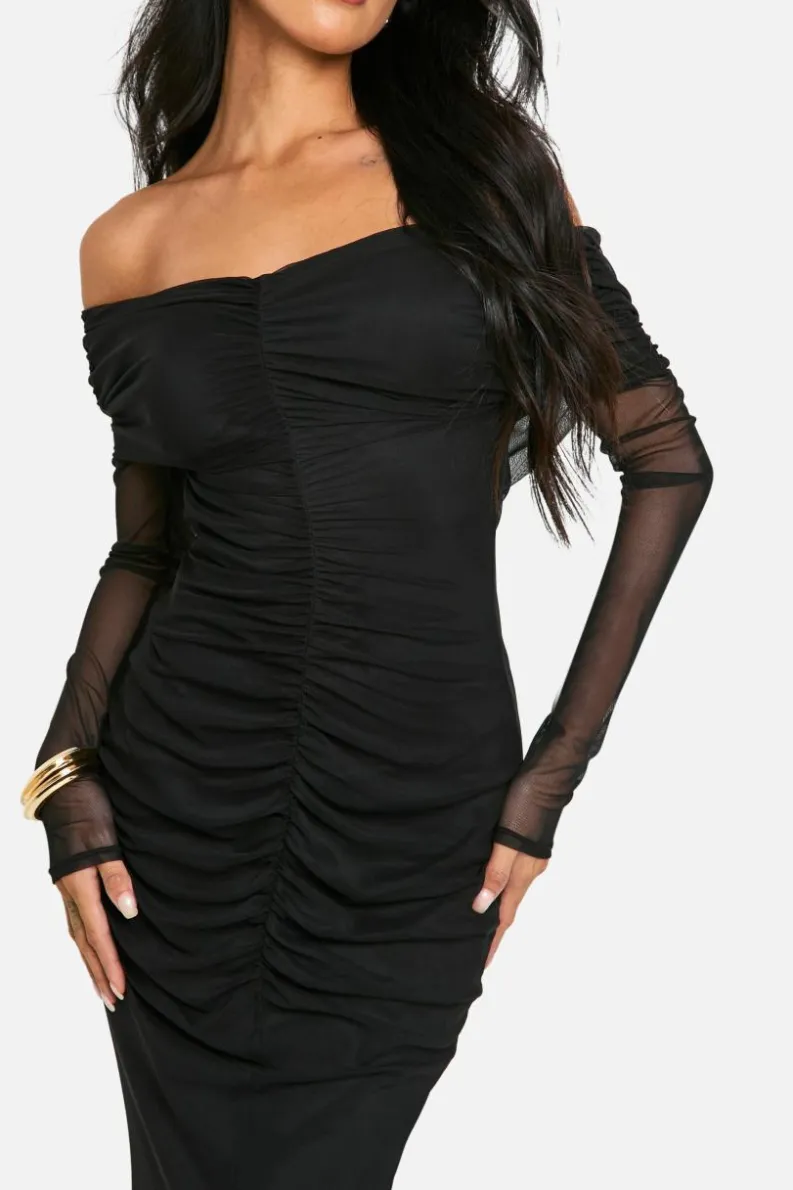 Bodycon Dresses|Maxi Dresses*boohoo Slinky Mesh Detail Off Shoulder Maxi Dress black