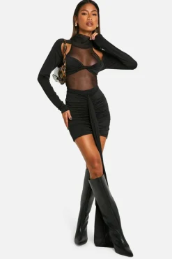 Wrap Dresses*boohoo Slinky Mesh Wrap Detail Mini Dress black