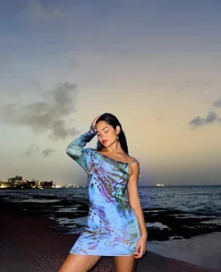 Bodycon Dresses*boohoo Slinky Printed One Shoulder Mini Dress blue