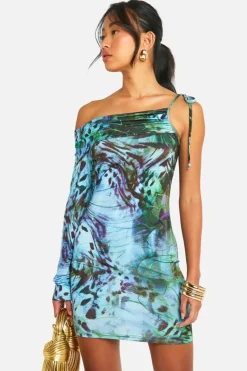 Bodycon Dresses*boohoo Slinky Printed One Shoulder Mini Dress blue