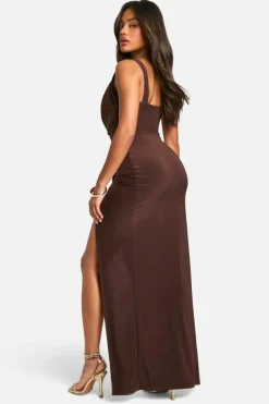 Wrap Dresses|Maxi Dresses*boohoo Slinky Rouched Wrap Maxi Dress chocolate