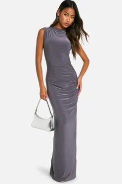 Maxi Dresses*boohoo Slinky Slash Neck Ruched Maxi Dress charcoal