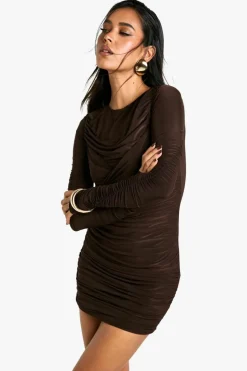 Bodycon Dresses*boohoo Slinky Twist Detail Ruched Mini Dress chocolate