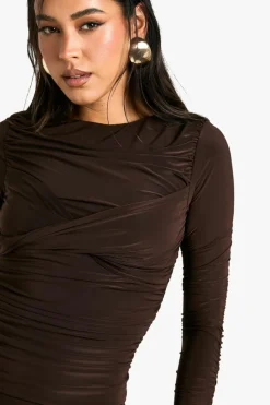 Bodycon Dresses*boohoo Slinky Twist Detail Ruched Mini Dress chocolate