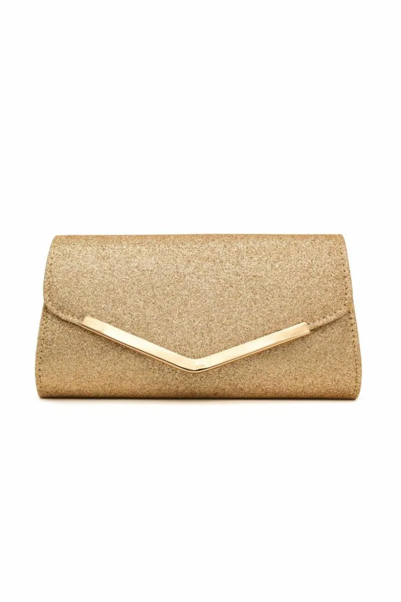 Clutch Bags*Kitise Small Shiny V Shape Glitter Envelope Clutch Bag With Chain Strap Gold