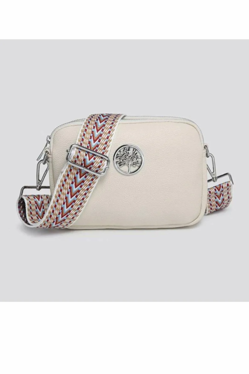 Cross-Body Bags|Handbags*Kitise Small Double Compartments Silver Badge Crossbody Bag With Canvas Strap Ivory