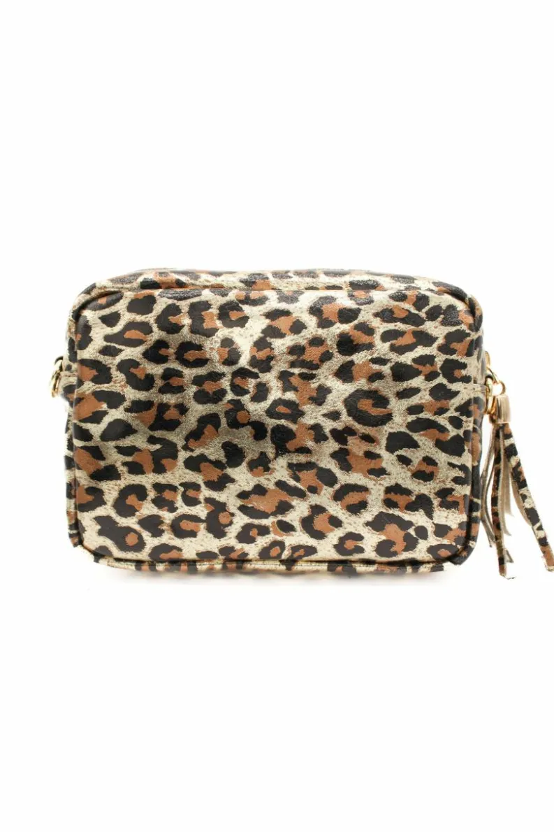 Cross-Body Bags*Kitise Small Italian Genuine Leather Metallic Leopard Print Tassel Charm Crossbody Bag Brown