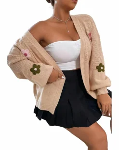 Cardigans*Azura Exchange Smoke Gray Floral Applique Drop Shoulder Bubble Sleeve Cardigan Multi