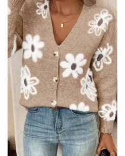 Cardigans*Azura Exchange Smoke Gray Floral Print V Neck Knitted Button up Cardigan Multi