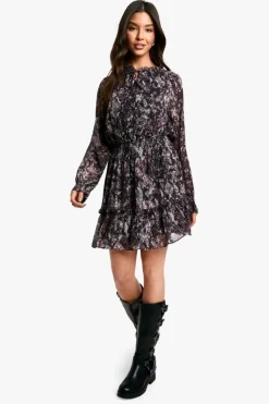 Skater Dresses|Mini Dresses*boohoo Print Chiffon Long Sleeve Skater Dress snake