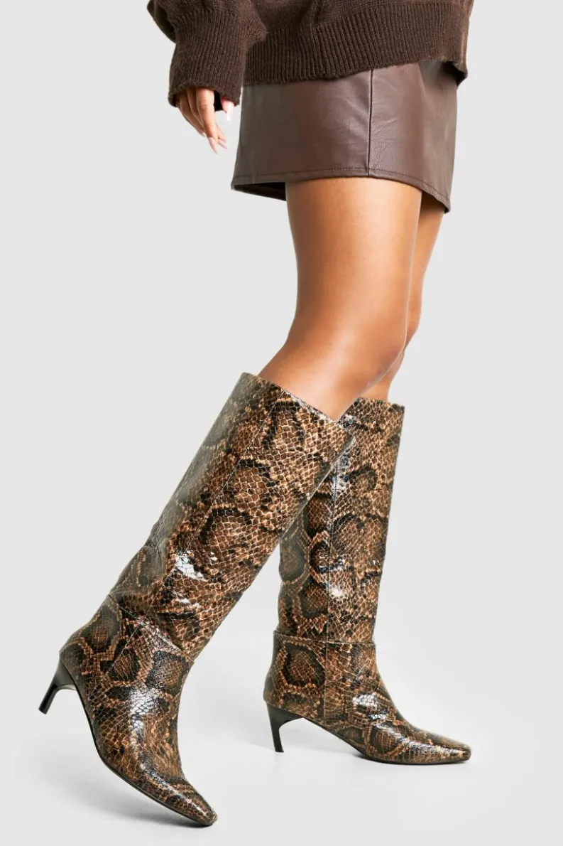 Over The Knee Boots|Knee High Boots*boohoo Print Low Square Toe Knee High Boots snake