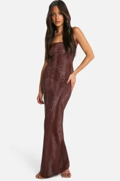Bodycon Dresses*boohoo Snake Pu Bandeau Maxi Dress chocolate