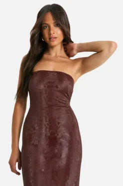 Bodycon Dresses*boohoo Snake Pu Bandeau Maxi Dress chocolate