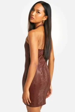 Bodycon Dresses*boohoo Snake Pu Halter Mini Dress chocolate