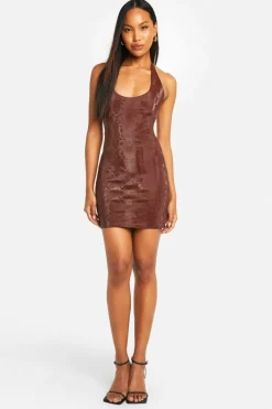 Bodycon Dresses*boohoo Snake Pu Halter Mini Dress chocolate