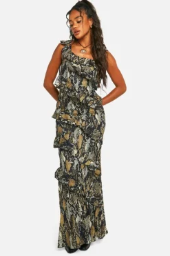Maxi Dresses|Dresses*boohoo Snake Ruffle Chiffon Asymmetric Maxi Dress brown