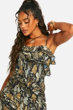 Maxi Dresses|Dresses*boohoo Snake Ruffle Chiffon Asymmetric Maxi Dress brown