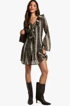 Mini Dresses|Long Sleeve Dresses*boohoo Snake Ruffle Shift Dress brown