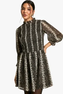 Smock Dresses|Mini Dresses*boohoo Snake Shirred Smock Dress brown