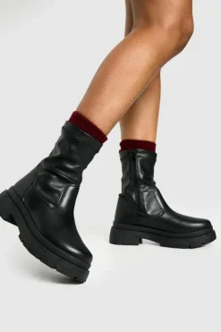 Chunky Boots|Ankle Boots*boohoo Sock Detail Chunky Ankle Boot black