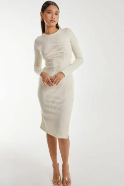 Midi Dresses*Pink Vanilla Soft Brushed Rib Long Sleeve Midi Dress Ivory