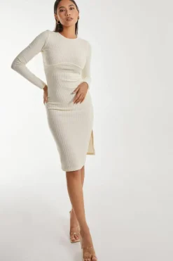 Midi Dresses*Pink Vanilla Soft Brushed Rib Long Sleeve Midi Dress Ivory